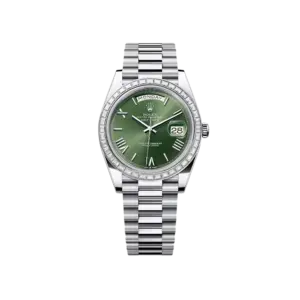 Rolex Day-Date 40 228396TBR Platinum Olive Green Dial Diamond Bezel